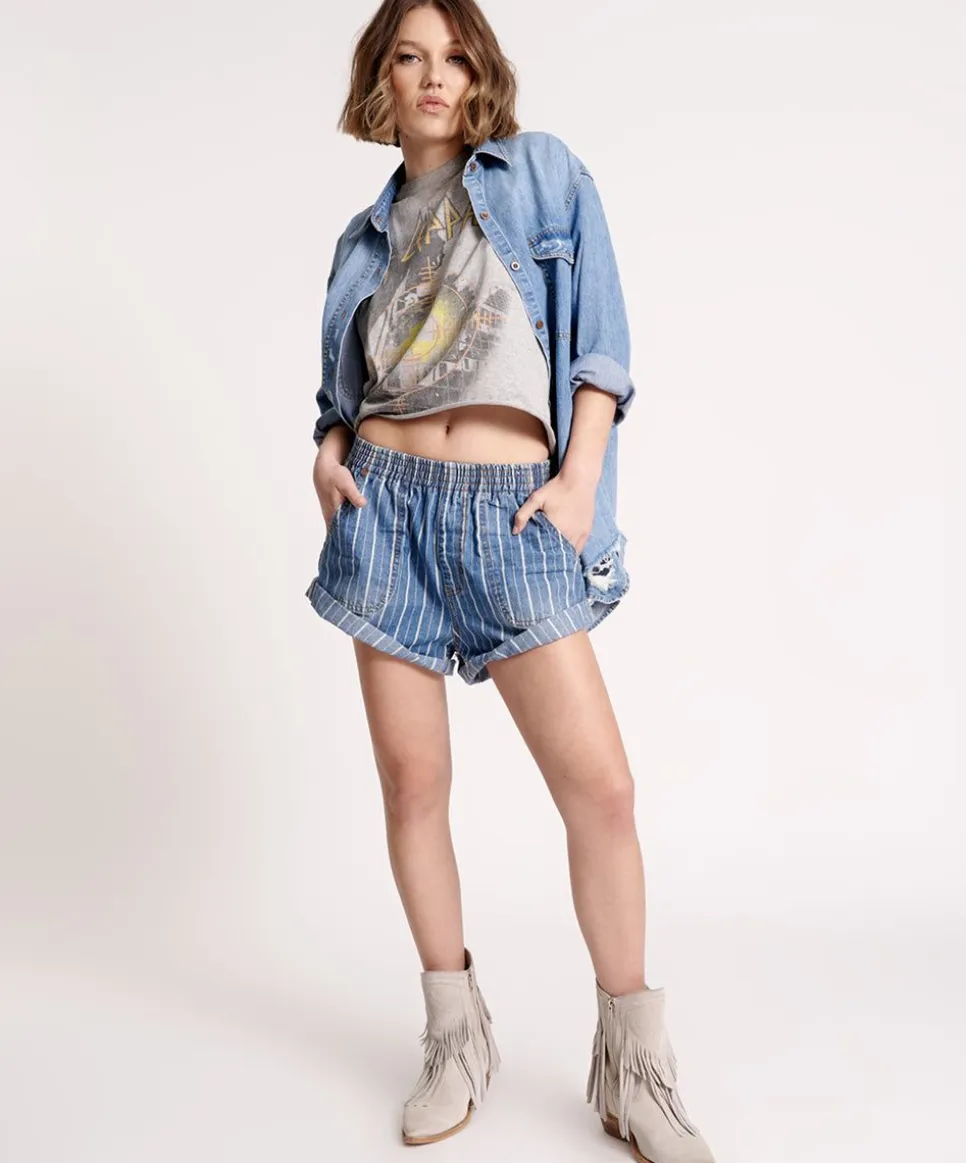 Denim Shorts|ONE TEASPOON Le Stripe Hunters Mid Waist Relaxed Shorts
