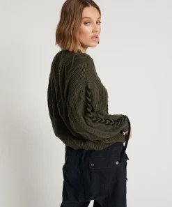 Knitwear|ONE TEASPOON Military Khaki Threaded Cable Sweater