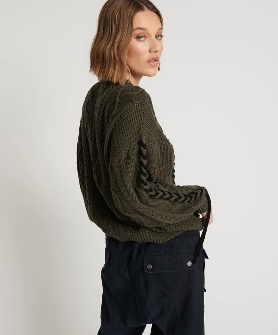 Knitwear|ONE TEASPOON Military Khaki Threaded Cable Sweater