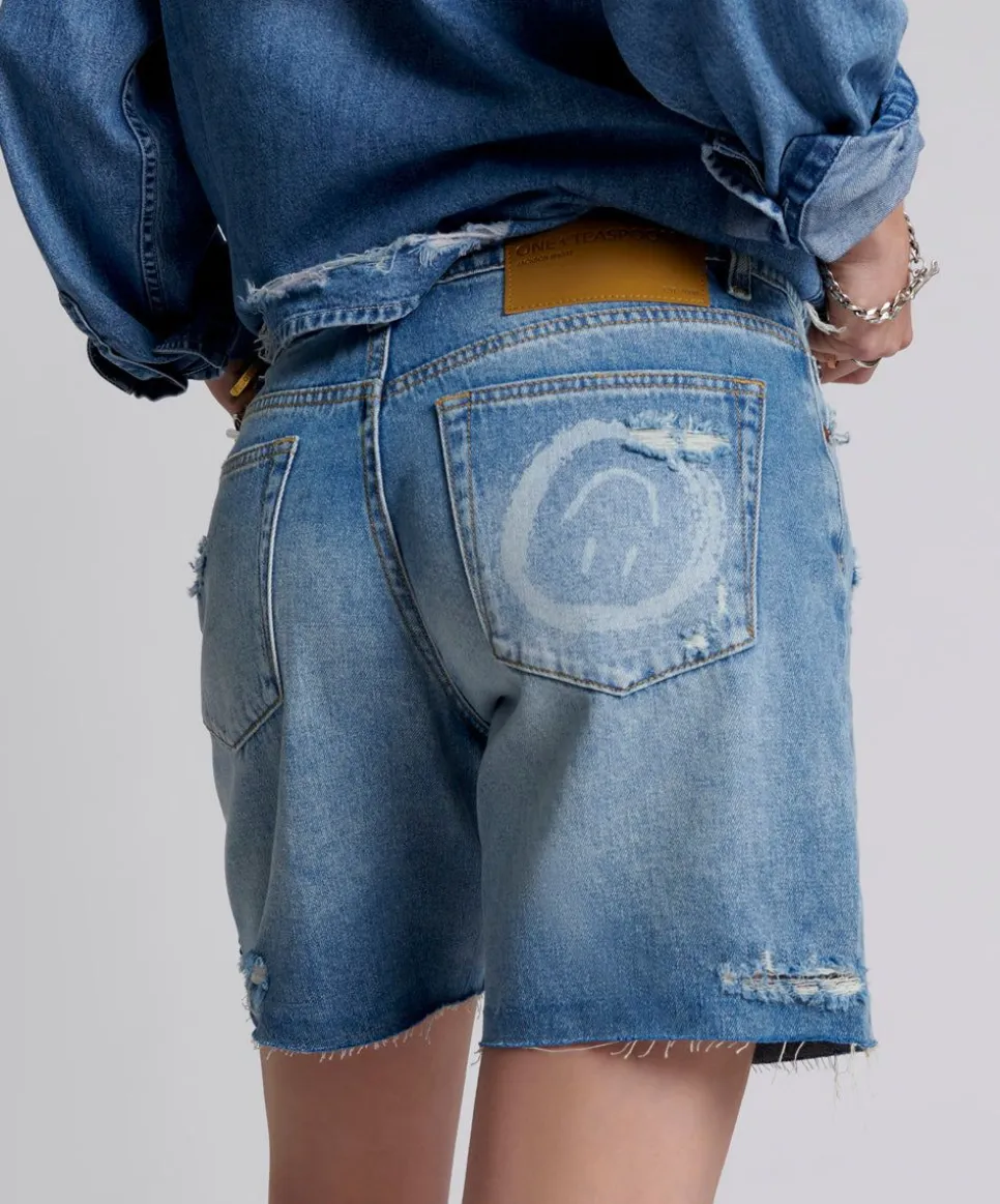 Denim Shorts|ONE TEASPOON Pacifica Smile Jackson Mid Waist Wide Leg Shorts
