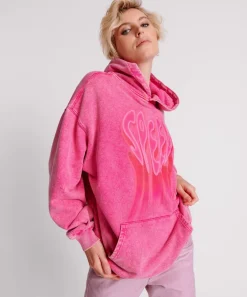 Hoodies And Sweats|ONE TEASPOON Pink Acid Speed Longline Hoody