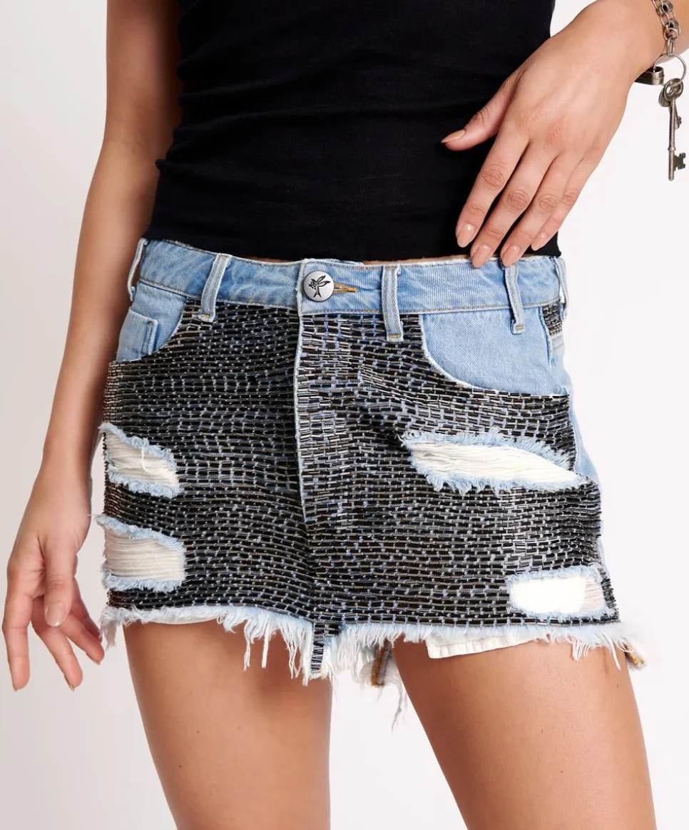 Denim Skirts|ONE TEASPOON Railed Sequin Junkyard Low Waist Denim Skirt