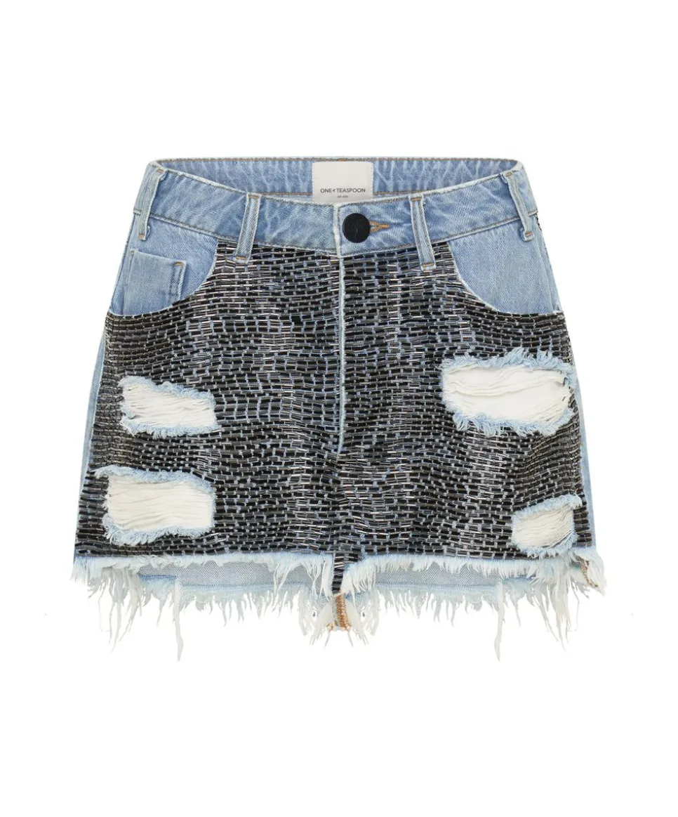 Denim Skirts|ONE TEASPOON Railed Sequin Junkyard Low Waist Denim Skirt