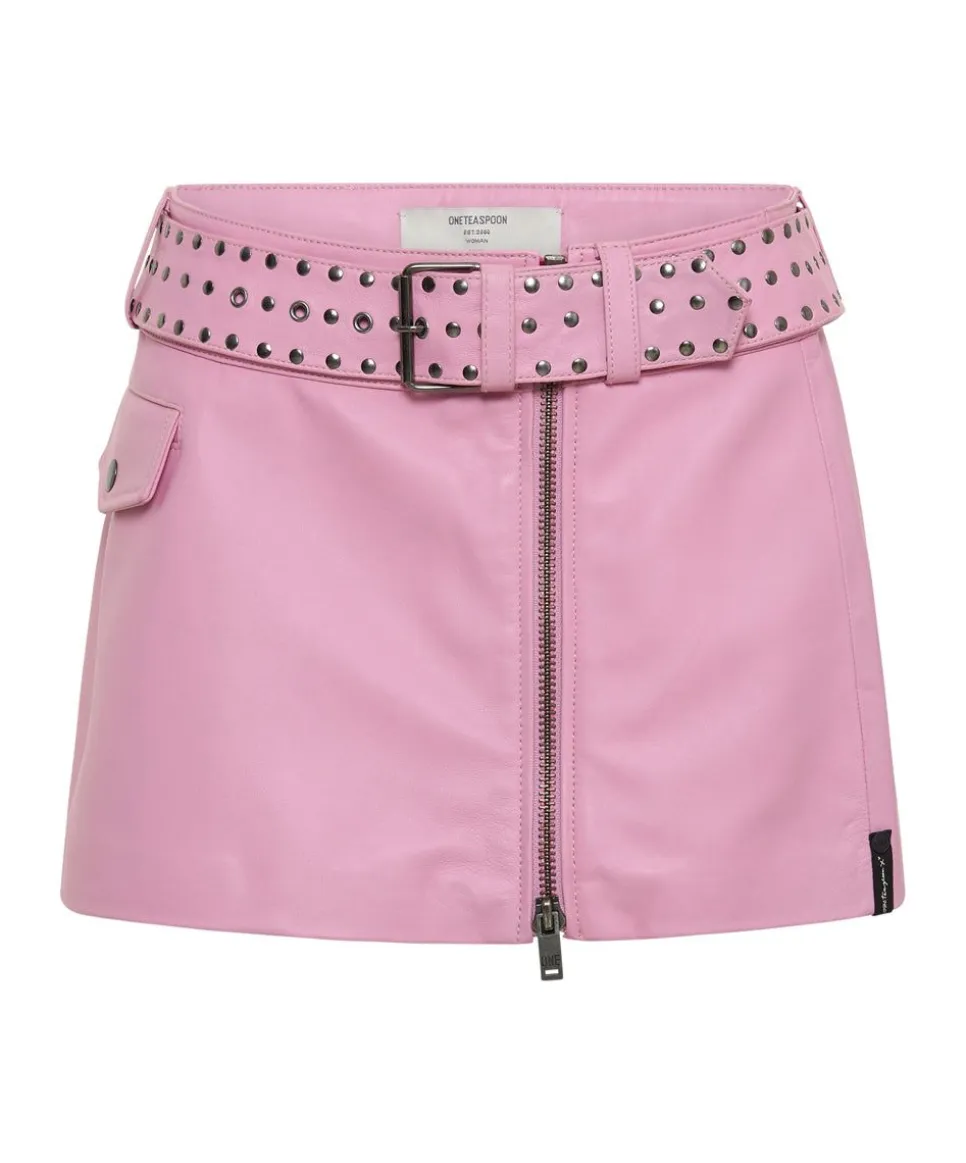 Bottoms|ONE TEASPOON Rizzo Pink Studded Leather Belted Mini Skirt
