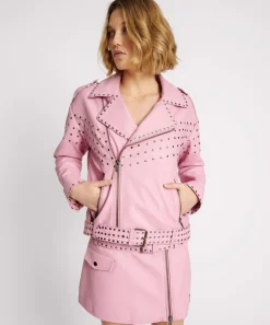 Leather Jackets|ONE TEASPOON Rizzo Pink Studded Leather Moto Jacket