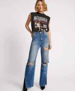 Denim Jeans|ONE TEASPOON Shredded Gold Billie Low Slung Straight Leg Mid Waist Denim Jeans