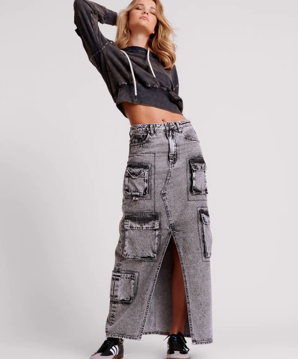 Denim Skirts|ONE TEASPOON Slate Acid 90S Cargo Pocket Column Denim Skirt