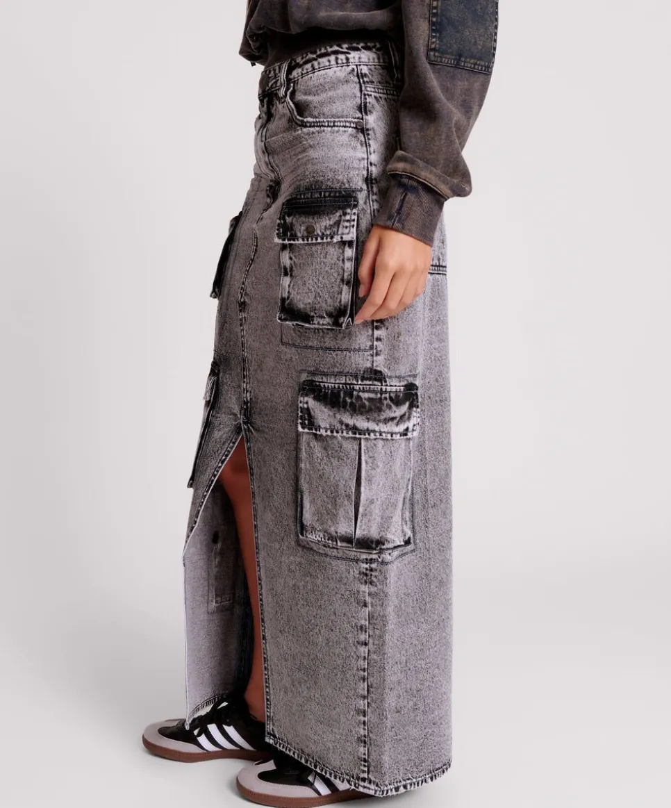 Denim Skirts|ONE TEASPOON Slate Acid 90S Cargo Pocket Column Denim Skirt