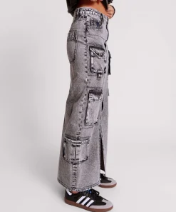 Denim Skirts|ONE TEASPOON Slate Acid 90S Cargo Pocket Column Denim Skirt