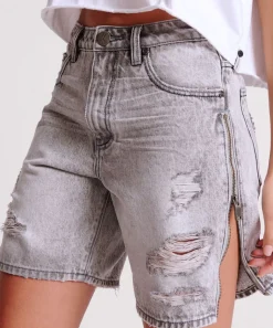 Denim Shorts|ONE TEASPOON Slate Acid Zipped Up Jackson Mid Waist Wide Leg Shorts