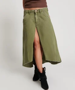 Denim Skirts|ONE TEASPOON St Khaki Mrs Carter Long Denim Skirt
