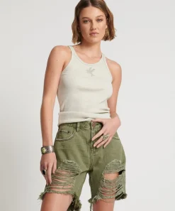 Denim Shorts|ONE TEASPOON St Khaki Stevies High Waist Long Length Boyfriend