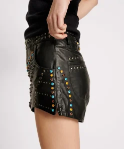 Bottoms|ONE TEASPOON Studded Jewel High Waist Leather Shorts