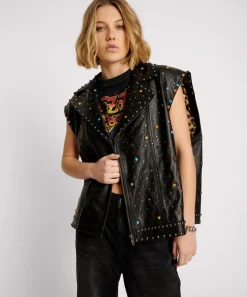 Leather Jackets|ONE TEASPOON Studded Jewel Leather Eagle Punk Sleeveless Jacket