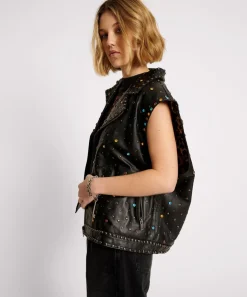 Leather Jackets|ONE TEASPOON Studded Jewel Leather Eagle Punk Sleeveless Jacket