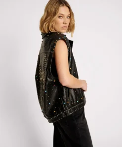 Leather Jackets|ONE TEASPOON Studded Jewel Leather Eagle Punk Sleeveless Jacket