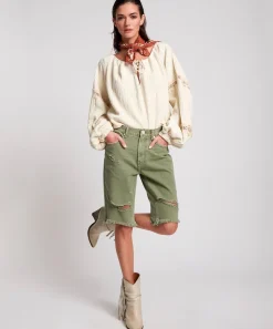 Denim Shorts|ONE TEASPOON Super Khaki Cut Off Truckers Mid Waist Long Length Shorts