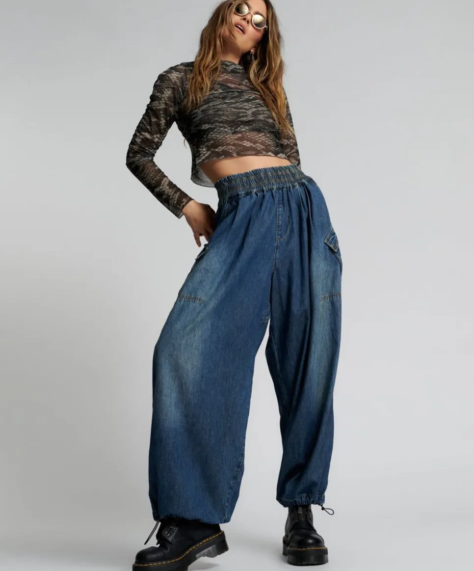 Bottoms|ONE TEASPOON Used Blue Denim Parachute Pants