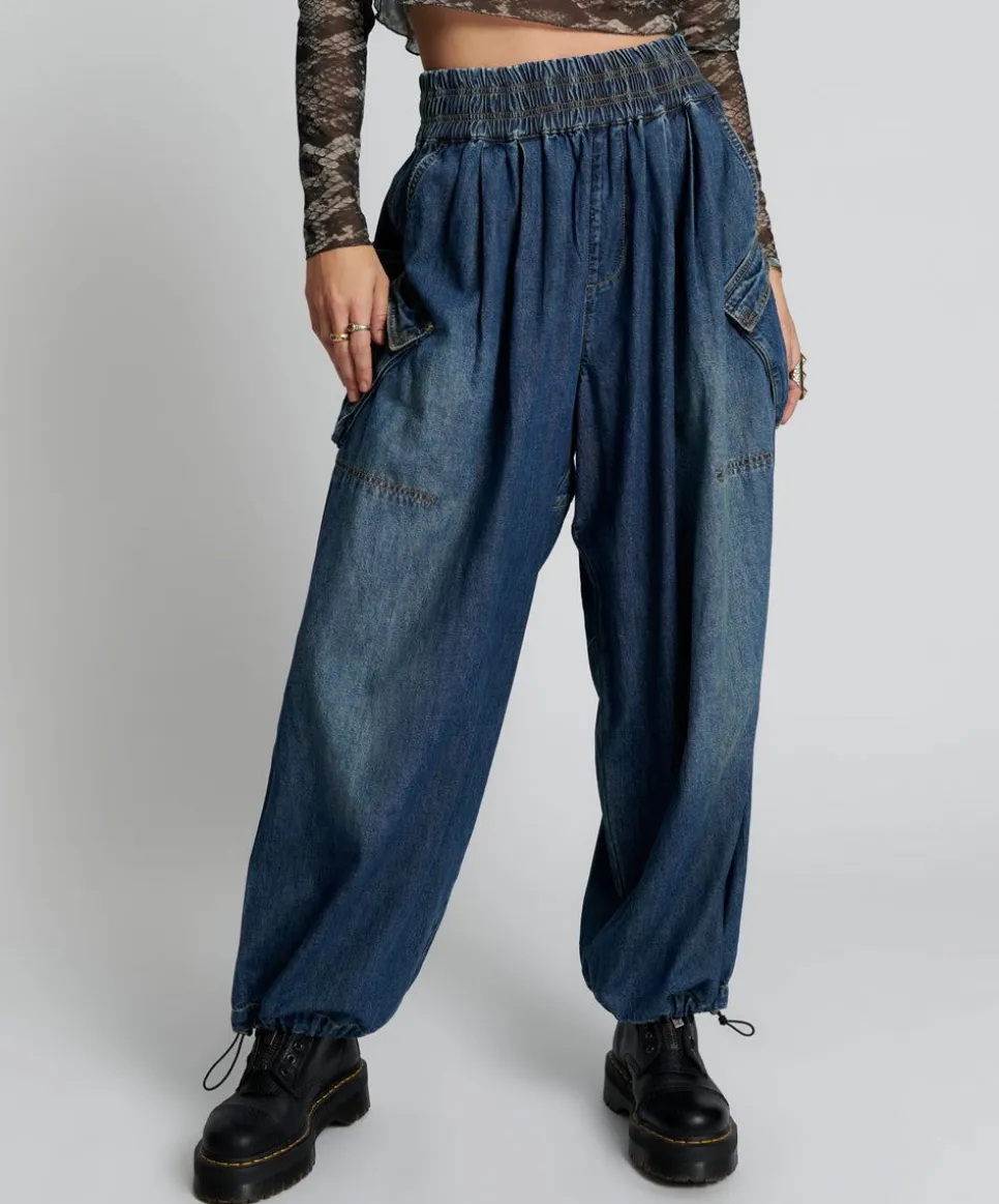 Bottoms|ONE TEASPOON Used Blue Denim Parachute Pants