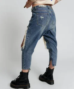Denim Jeans|ONE TEASPOON Used Blue Kingpins Cropped Boyfriend Jeans