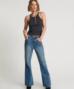 Denim Jeans|ONE TEASPOON Westland Blue Motif Charlie Slim High Waist Bootcut Denim Jeans