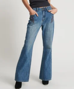 Denim Jeans|ONE TEASPOON Westland Blue Motif Charlie Slim High Waist Bootcut Denim Jeans