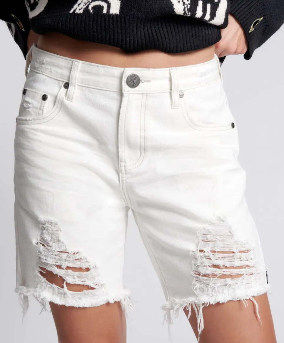 Denim Shorts|ONE TEASPOON White Beauty Stevies Long Length Boyfriend Shorts