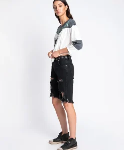 Denim Shorts|ONE TEASPOON Worn Black Concho Cut Off Truckers Mid Waist Shorts