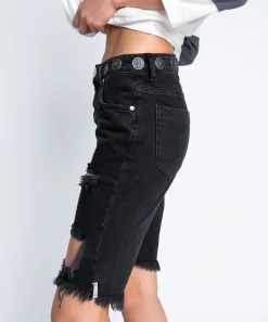 Denim Shorts|ONE TEASPOON Worn Black Concho Cut Off Truckers Mid Waist Shorts