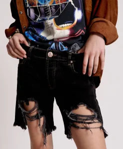 Denim Shorts|ONE TEASPOON Worn Black Stevies Long Length Boyfriend Shorts