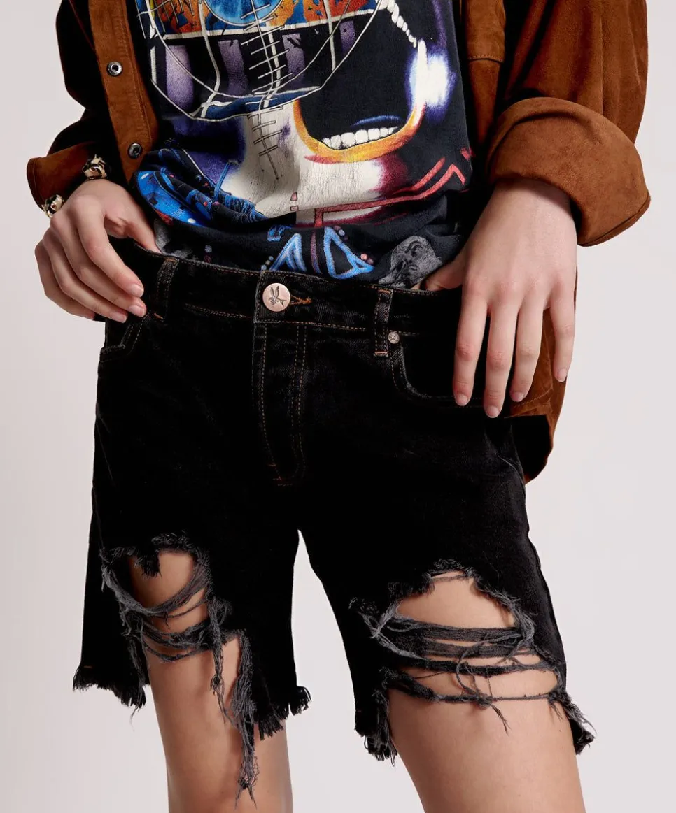 Denim Shorts|ONE TEASPOON Worn Black Stevies Long Length Boyfriend Shorts