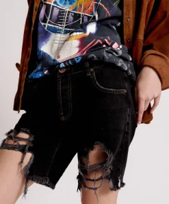 Denim Shorts|ONE TEASPOON Worn Black Stevies Long Length Boyfriend Shorts