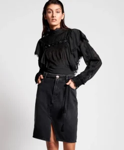 Denim Skirts|ONE TEASPOON Worn Black Trucker Mid Waist Long Length Skirt
